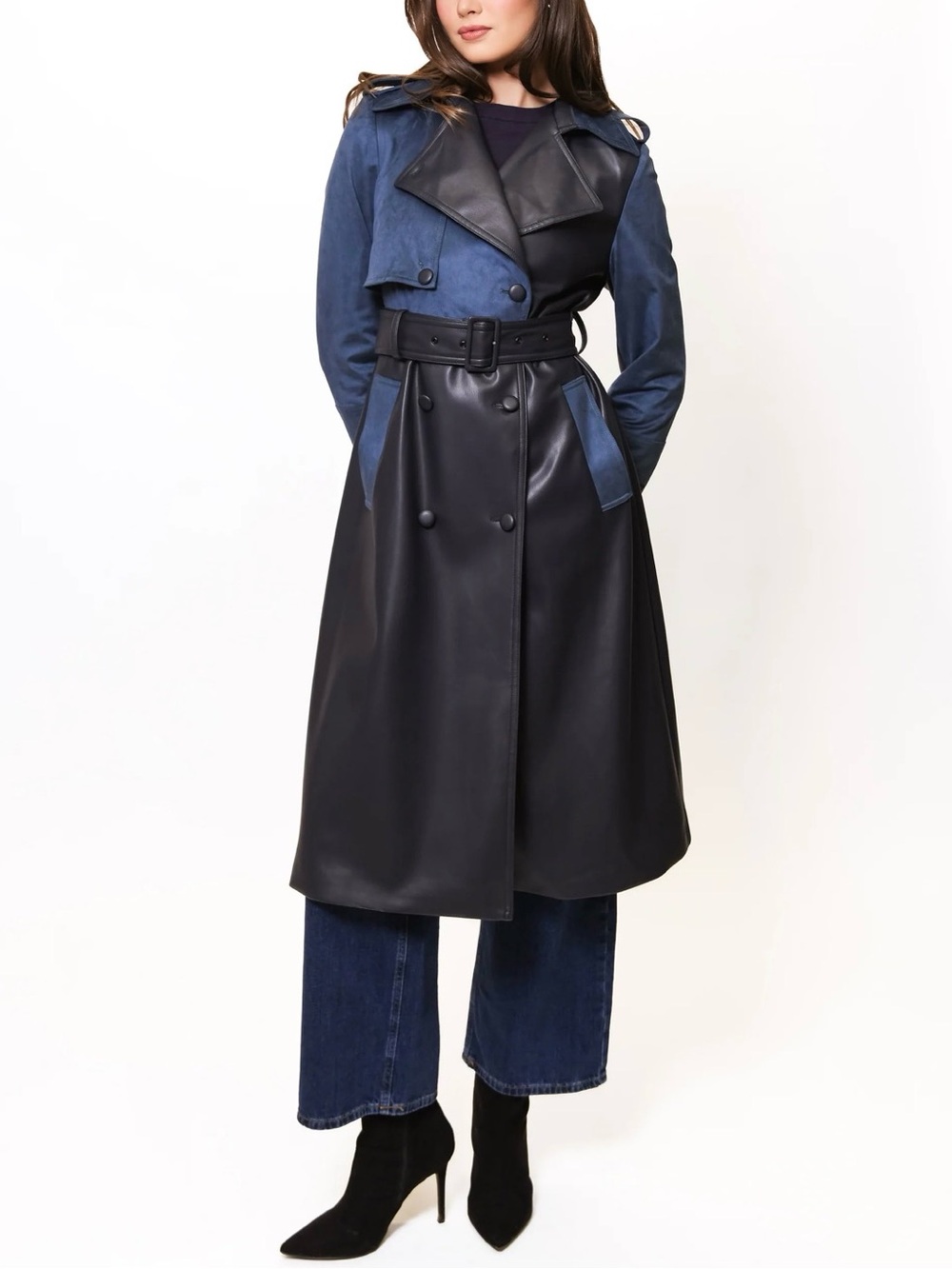 Hutch Astasia Mixed Media Belted Coat Black Blue NWT Medium